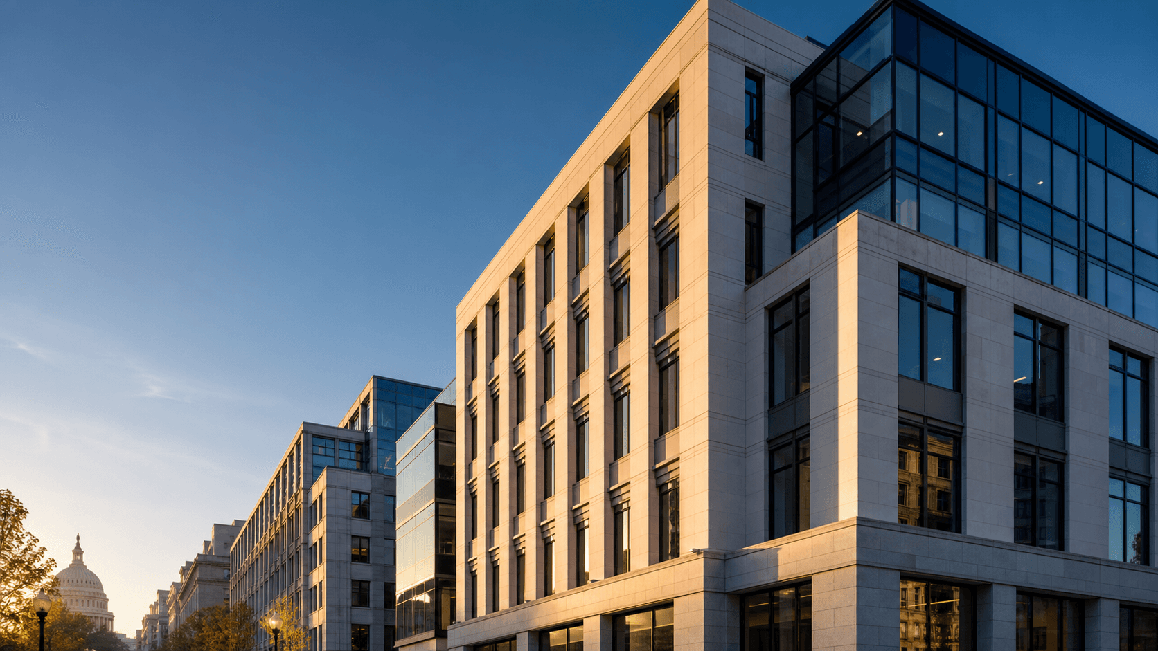 Modern civic building facade in Washington, DC, at golden hour