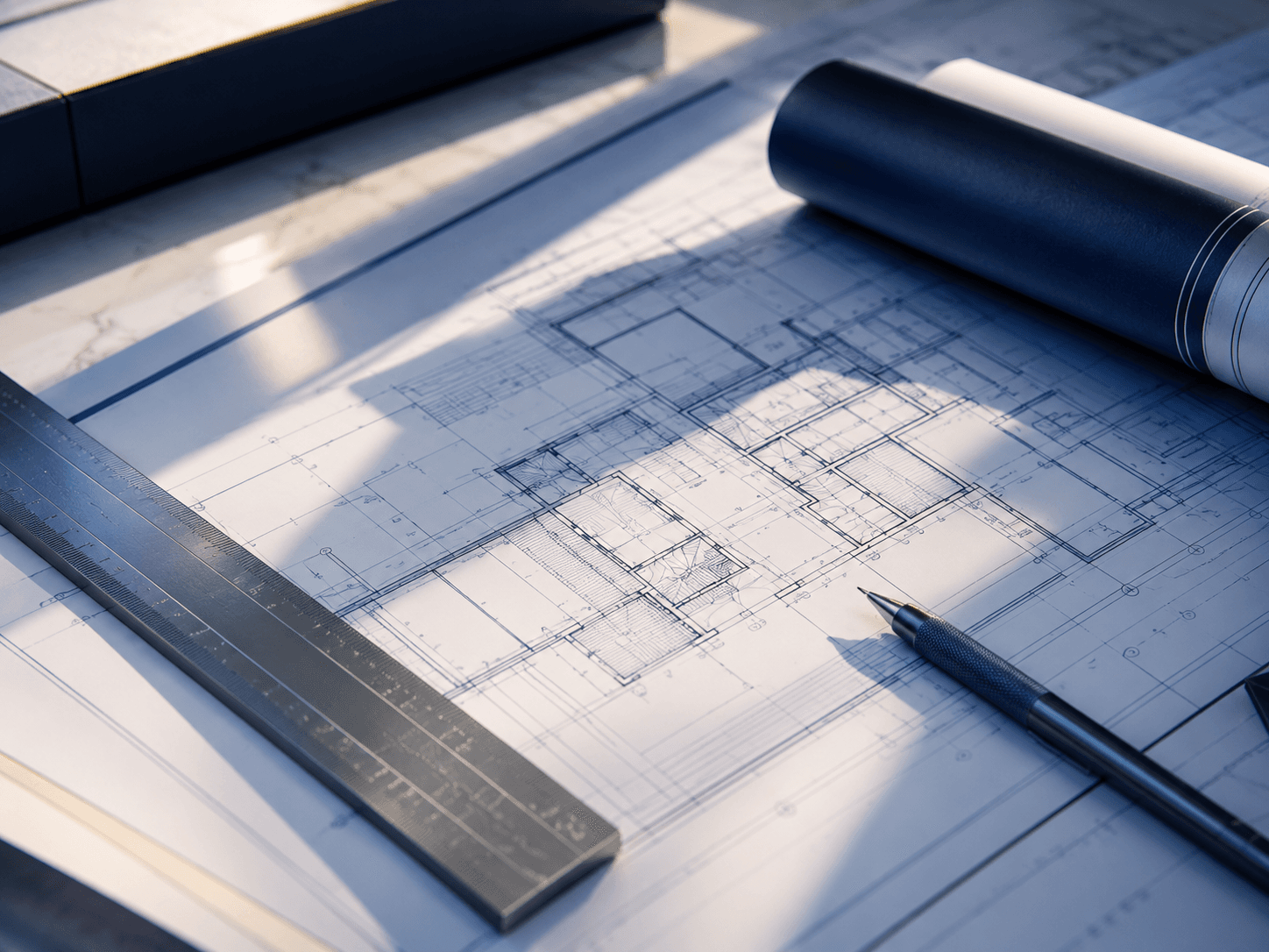 Architectural drawings with a scale ruler and pencil
