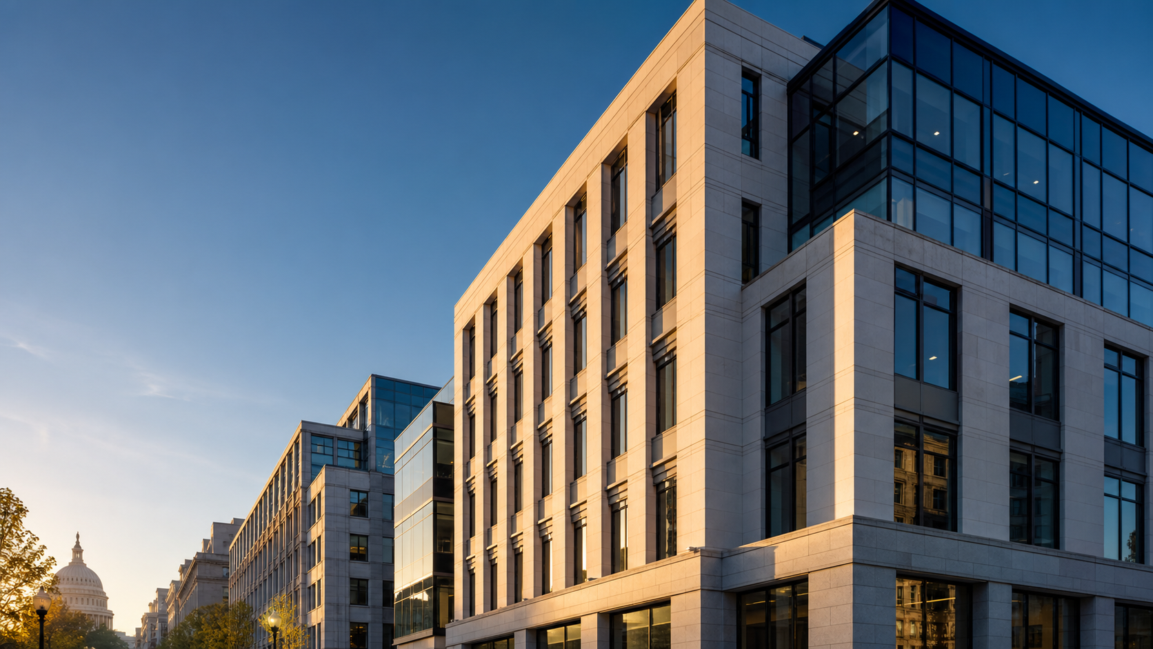 Modern civic building facade in Washington, DC, at golden hour
